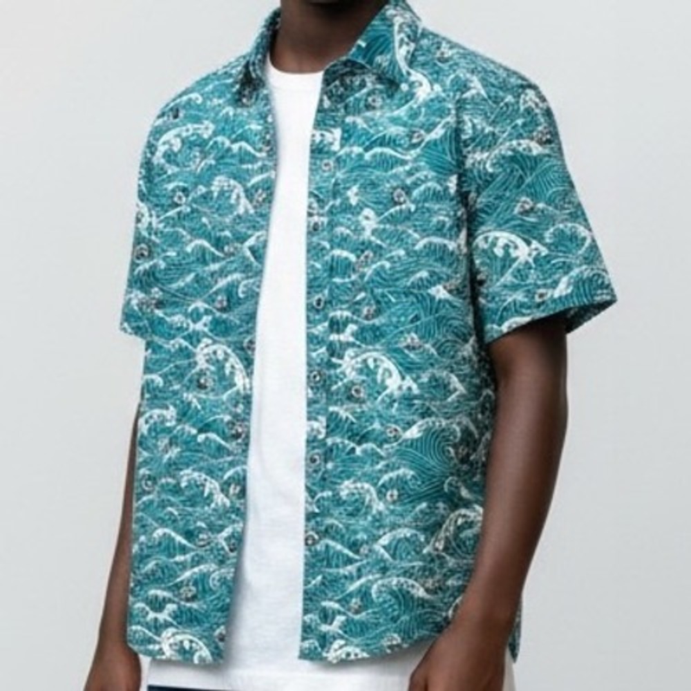 VSTR Mens Small shirt Teal Skull Wave 4-stretch surf skate streetwear gothic